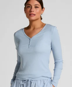 Henley-Pyjamatop mit langen Ärmeln - Blau
