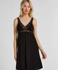Jersey-Negligé mit Spitze - Schwarz