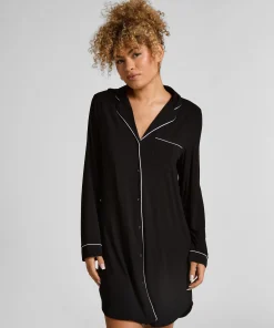 Langärmeliges Jersey-Hemdkleid Essential - Schwarz