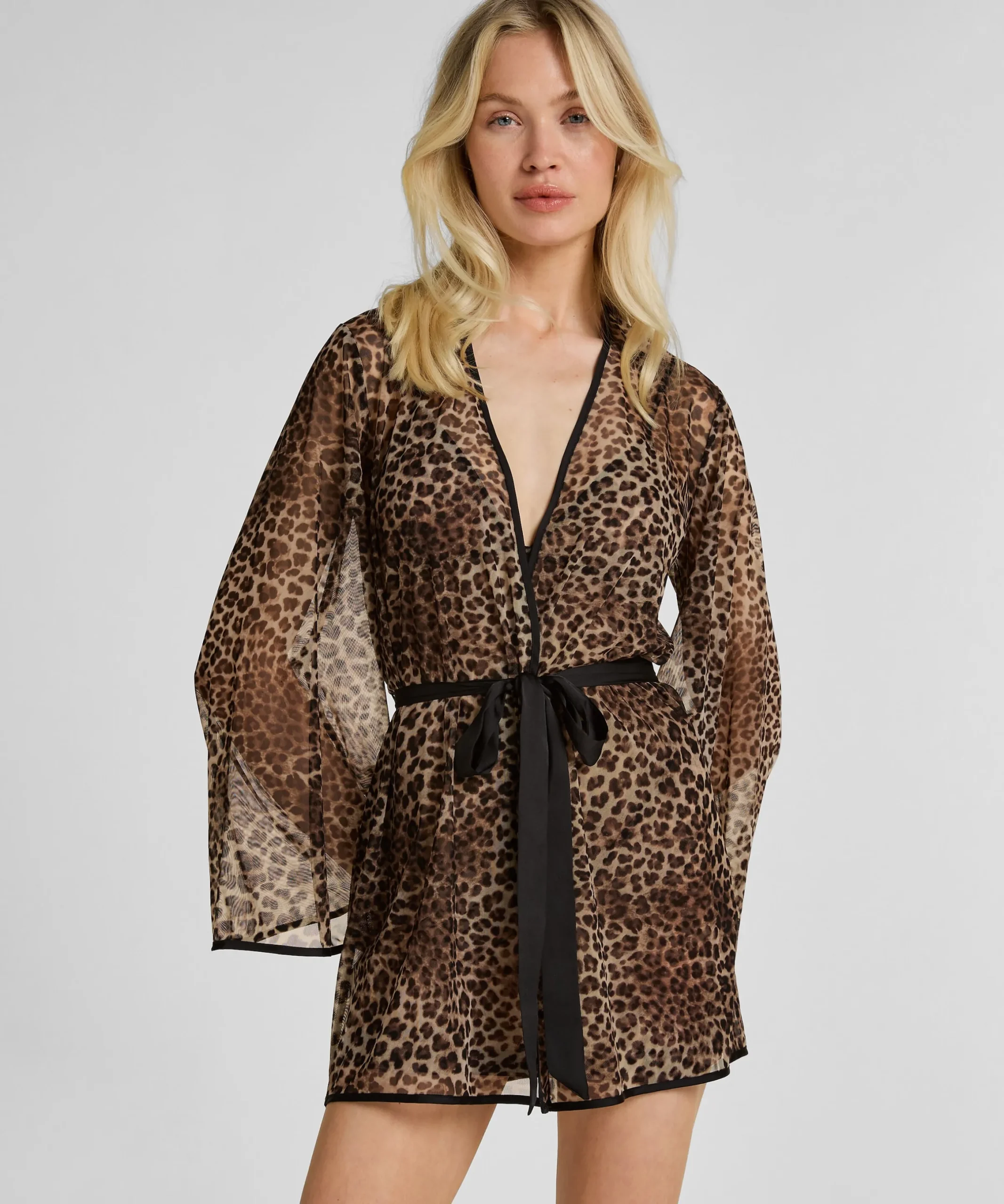 Leopard Mesh-Kimono - Schwarz