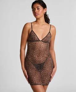 Leopard Mesh-Slipdress - Schwarz