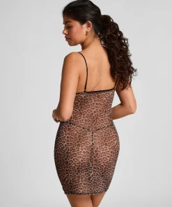 Leopard Mesh-Slipdress - Schwarz
