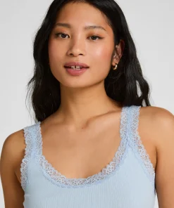 Rippjersey-Top mit Spitze - Blau