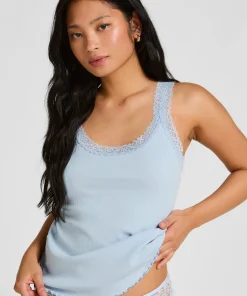 Rippjersey-Top mit Spitze - Blau