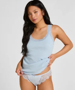 Rippjersey-Top mit Spitze - Blau