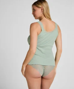 Rippjersey-Top mit Spitze - Grün