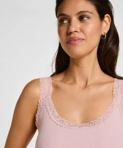 Rippjersey-Top mit Spitze - Rosa