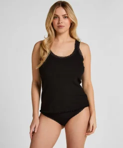 Rippjersey-Top mit Spitze - Schwarz