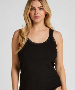 Rippjersey-Top mit Spitze - Schwarz