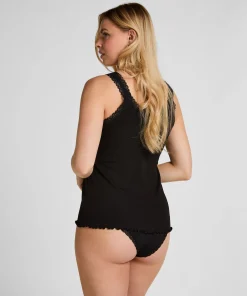 Rippjersey-Top mit Spitze - Schwarz