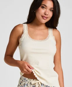 Rippjersey-Top mit Spitze - Weiß