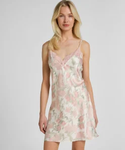 Satin-Negligé mit Blumenmuster - Weiß