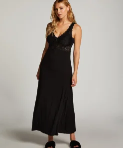 Slipdress Nora Lace Long - Schwarz